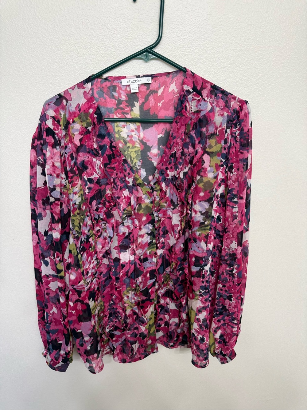 Chico's Pink Floral Split-Neck Sheer Blouse